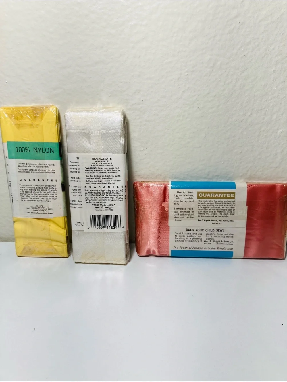 3 Vintage Sealed Blanket Binding by Wrights, Satin Blanket Binding Trio